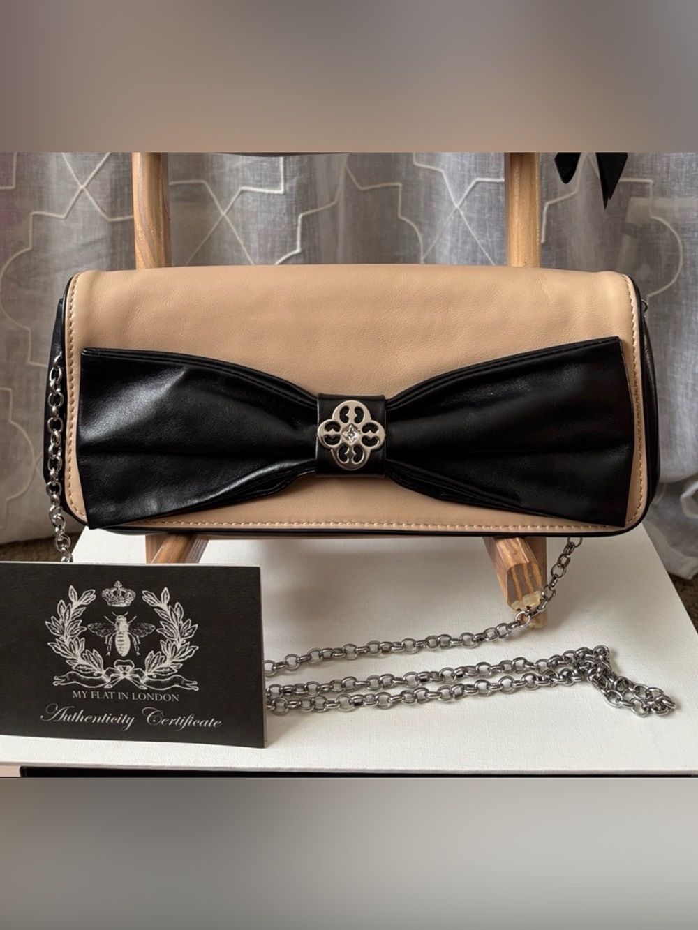 Retired My Flat In London Tan and Black Bow Leather Shoulder/Clutch Bag